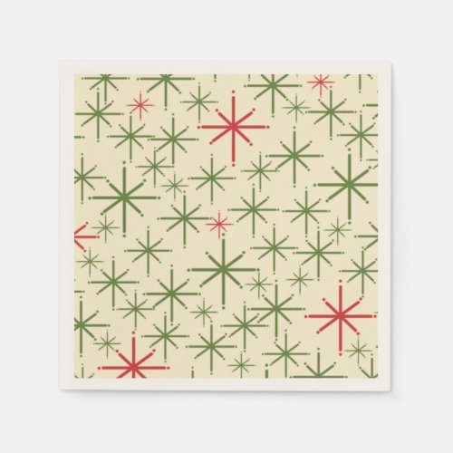 Retro Mid Mod Christmas Stars Olive Red Cream Napkins