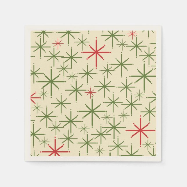 Retro Mid Mod Christmas Stars Olive Red Cream Napkins (Front)