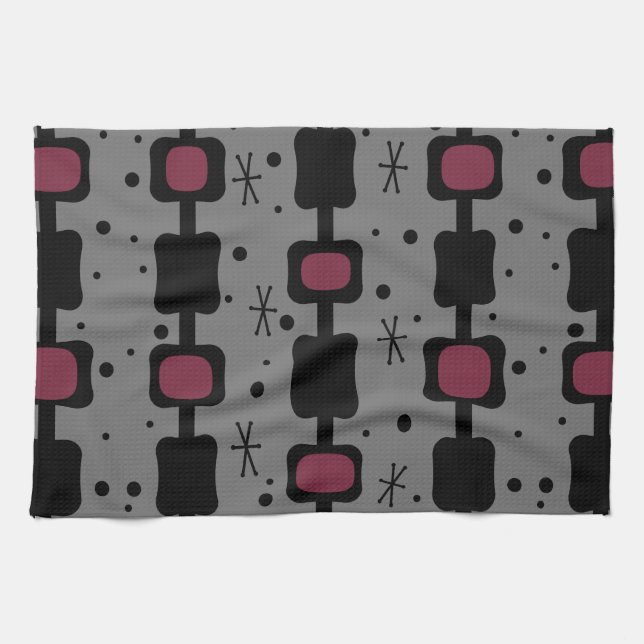 Retro Mid Mod Columns Boxes Maroon Kitchen Towel (Horizontal)