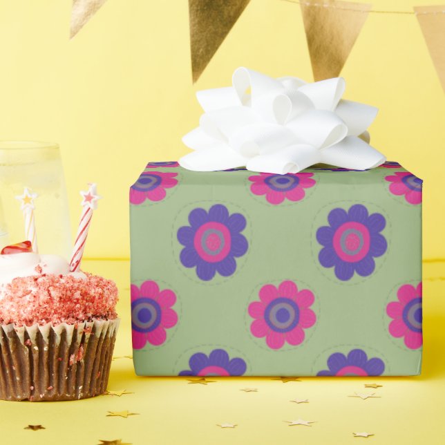 Retro Mid-mod Floral Vibrant Pink Purple & Green Wrapping Paper (Birthday Party)