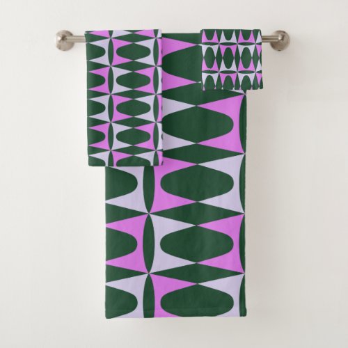 Retro Mid Mod Geometric Holiday Pattern Green Pink Bath Towel Set