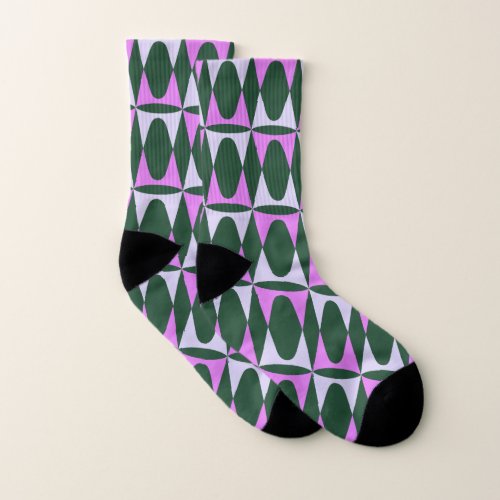 Retro Mid Mod Geometric Holiday Pattern Green Pink Socks