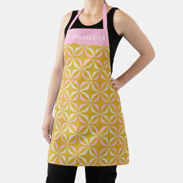 Retro Mid Mod Pattern Pink Yellow Personalized Apron (Insitu)