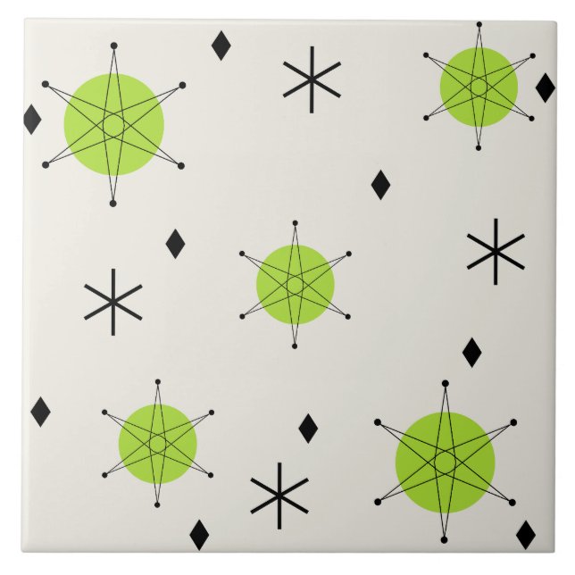 Retro Mid Mod Starburst Sky Chartreuse Ceramic Tile (Front)