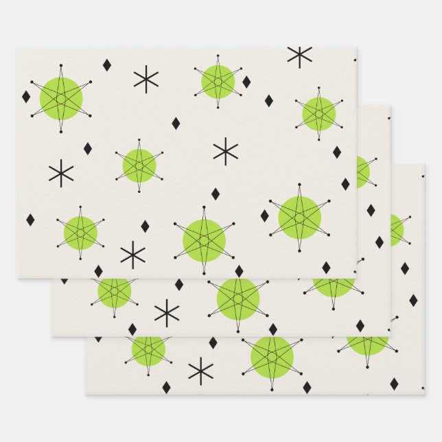Retro Mid Mod Starburst Sky Chartreuse Wrapping Paper Sheets (Set)
