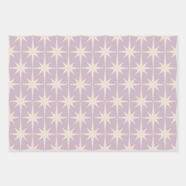 Retro Midcentury 50s Star Pattern in Lilac Throw P Wrapping Paper Sheets (Front)