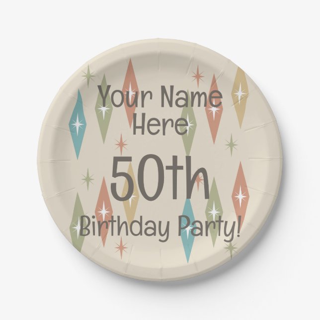 Retro Midcentury 50th Birthday Paper Plates (Front)