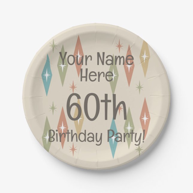 Retro Midcentury 60th Birthday Paper Plates (Front)