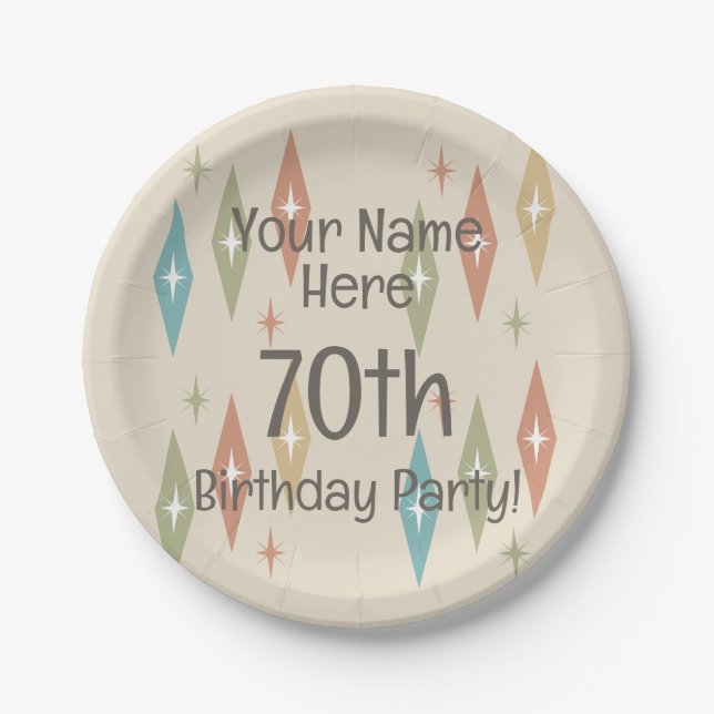 Retro Midcentury 70th Birthday Paper Plates (Front)