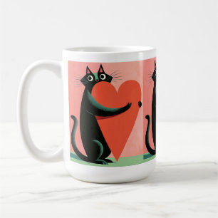 Retro Midcentury Black Cat Heart Coffee Mug