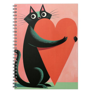 Retro Midcentury Black Cat Heart Cute Notebook