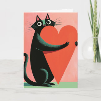 Retro Midcentury Black Cat Heart Valentine Card