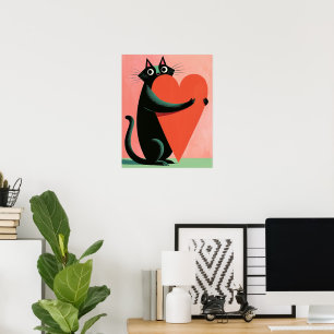 Retro Midcentury Black Cat Hugging Heart Poster