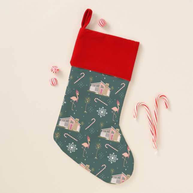 Retro Midcentury Christmas Pink House Palm Trees Stocking (Front)