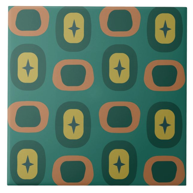 Retro Midcentury Geometric Shapes Teal Ceramic Tile (Front)