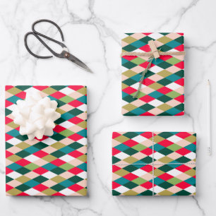 Retro Midcentury Harlequin Diamond Christmas Color Wrapping Paper Sheets