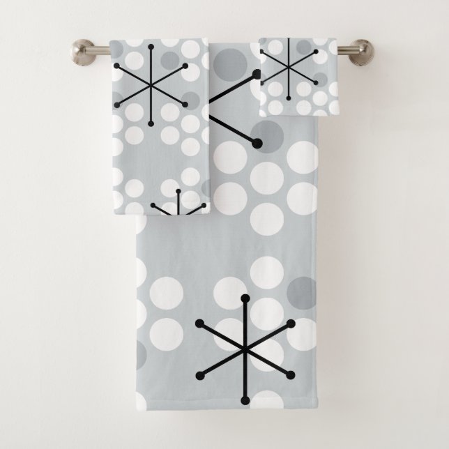 Retro Midcentury MCM Dots Silver Bath Towel Set (Insitu)