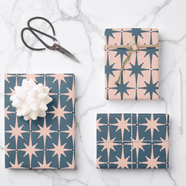 Retro Midcentury Modern 50s Starbursts Blush Teal Wrapping Paper Sheets (Front)