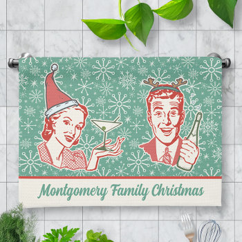 Retro Midcentury Modern Christmas Family Name Kitchen Towel by HaHaHolidays at Zazzle