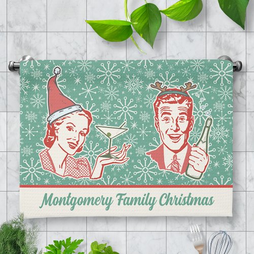 Retro Midcentury Modern Christmas Family Name Kitchen Towel