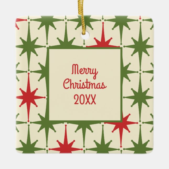 Retro Midcentury Modern Christmas Starbursts Year  Ceramic Ornament (Front)