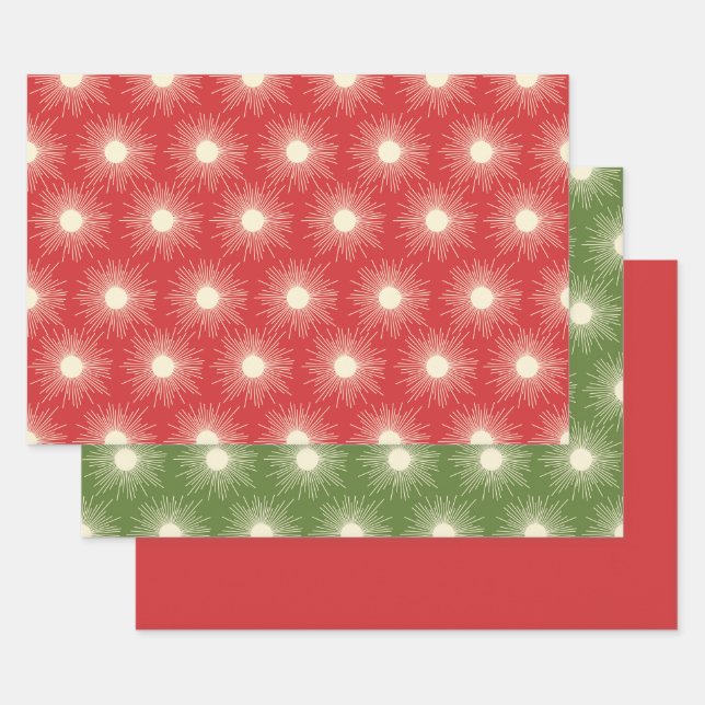 Retro Midcentury Modern Christmas Sunbursts Wrapping Paper Sheets (Set)
