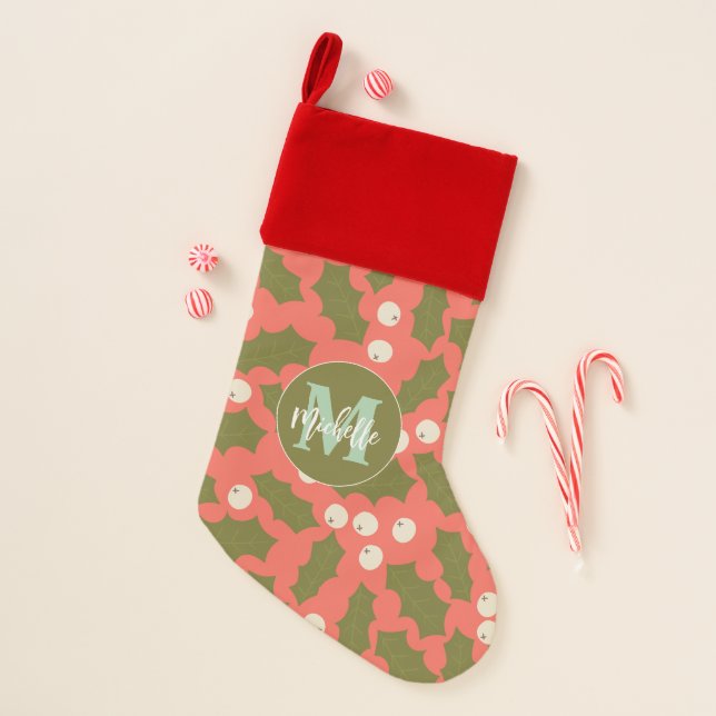 Retro Midcentury Modern Coral Monogram Christmas Stocking (Front)