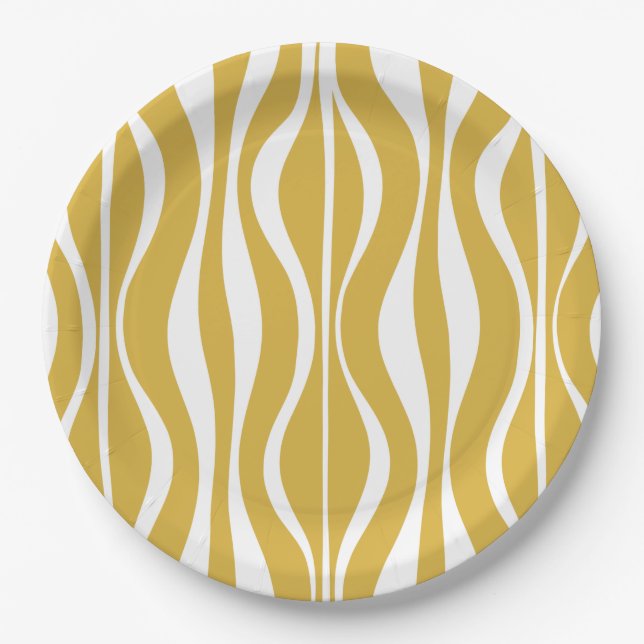 Retro Midcentury Modern Hourglass Abstract Mustard Paper Plates (Front)