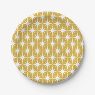 Retro Midcentury Modern Starbursts Mustard White Paper Plates