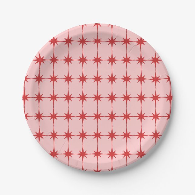 Retro Midcentury Modern Starbursts Red and Pink Paper Plates (Front)