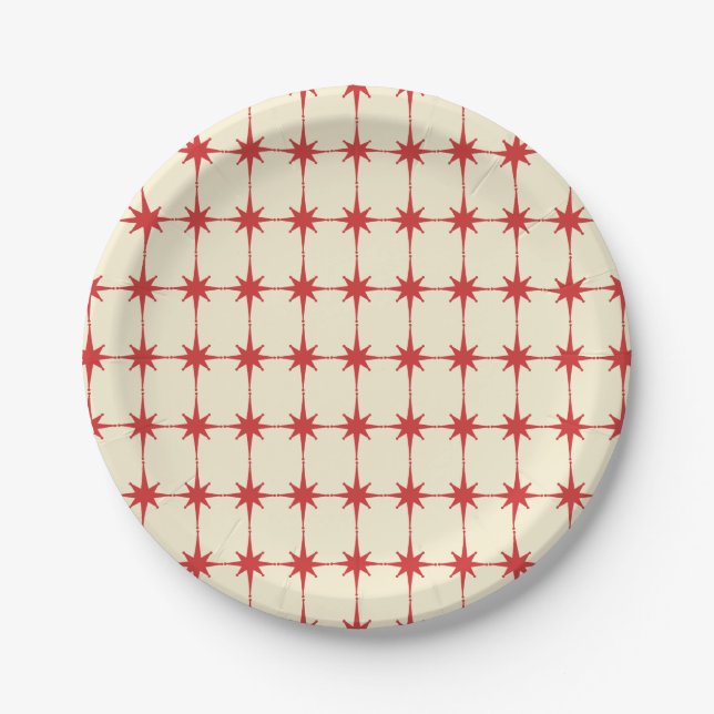 Retro Midcentury Modern Starbursts Red Cream Paper Plates (Front)