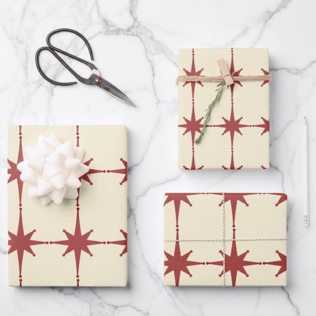Retro Midcentury Modern Stars Dusky Red & Cream Wrapping Paper Sheets (Front)