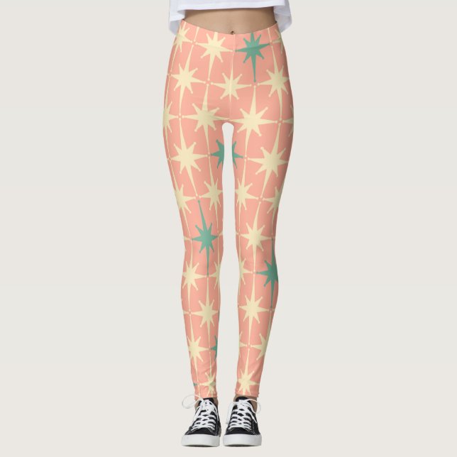 Retro Midcentury Modern Stars Pattern Blush Pink Leggings (Front)