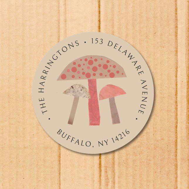 Retro Midcentury Mushroom Return Address Label (This retro round return address sticker features three cute orange, brown, and beige mushrooms.)