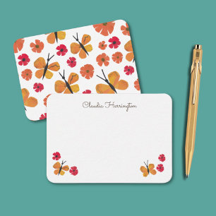 Retro Midcentury Orange Butterfly Whimsical Floral Note Card