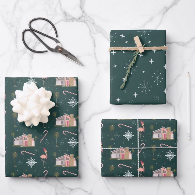 Retro Midcentury Pink House Christmas Pattern Wrapping Paper Sheets (Front)