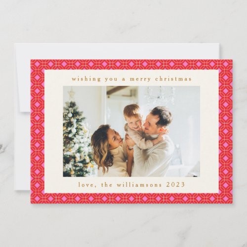 Retro MidCentury Red Pink Cute Two Photo Christmas Holiday Card