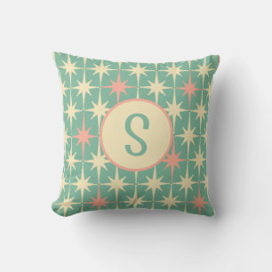 Retro Midcentury Star Pattern Teal Pink Initial Throw Pillow