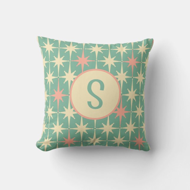 Retro Midcentury Star Pattern Teal Pink Initial Throw Pillow (Front)