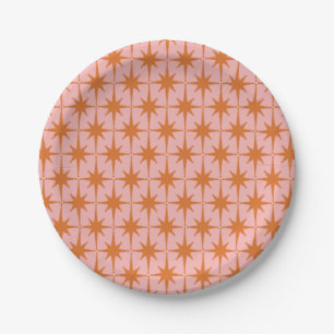 Retro Midcentury Starbursts Pattern Pink & Orange Paper Plates