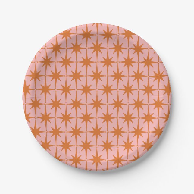 Retro Midcentury Starbursts Pattern Pink & Orange Paper Plates (Front)
