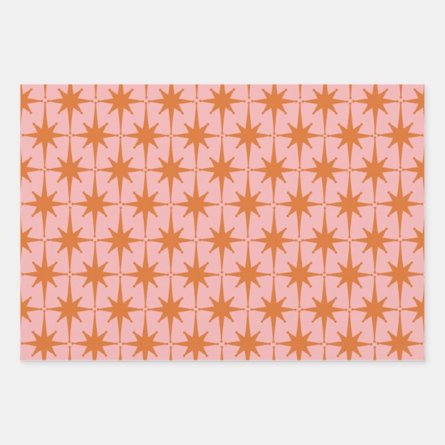 Retro Midcentury Starbursts Pattern Pink & Orange Wrapping Paper Sheets (Front 2)
