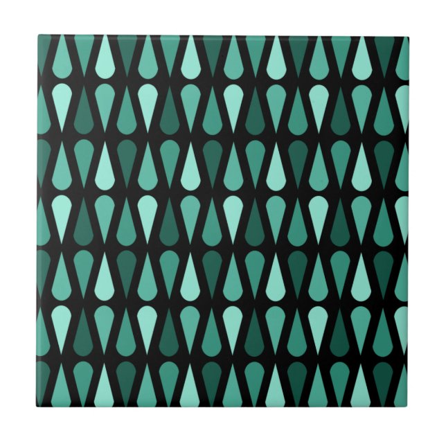 Retro Midcentury Teardrops Black Turquoise Ceramic Tile (Front)