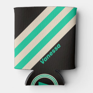 Retro Midnight Mint Stripes with Name Can Cooler
