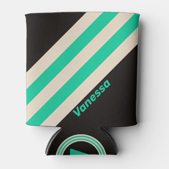 Retro Midnight Mint Stripes with Name Can Cooler (Front)