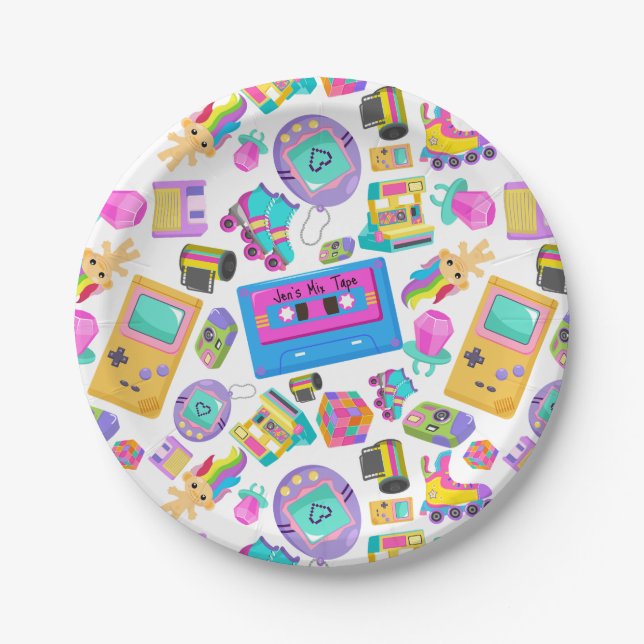 Retro Millennial Themed Party Mix Tape - Add Name Paper Plates (Front)