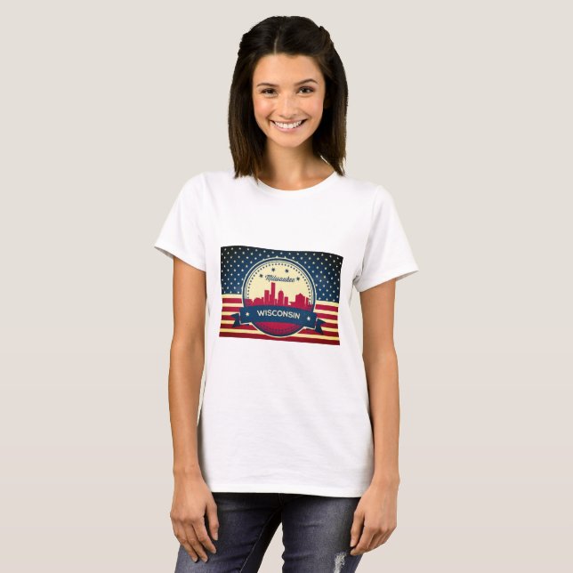 Retro Milwaukee Wisconsin Skyline T-Shirt (Front Full)
