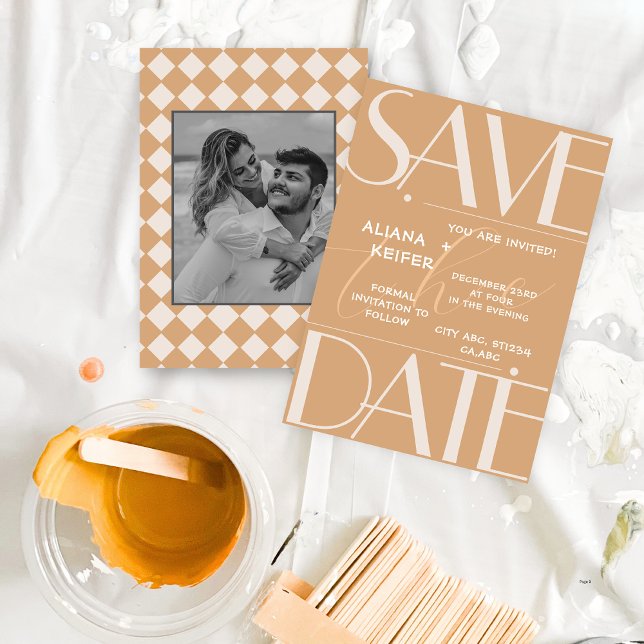 Retro Minimal Checkered Pattern Beige Wedding  Save The Date (Creator Uploaded)