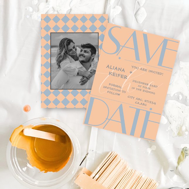 Retro Minimal Checkered Pattern Peach Wedding  Save The Date (Creator Uploaded)