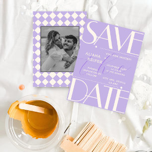 Retro Minimal Checkered Pattern Purple Wedding  Save The Date